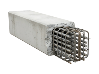 Reinforced Concrete Beam Section with Exposed Steel Rebar on White Background