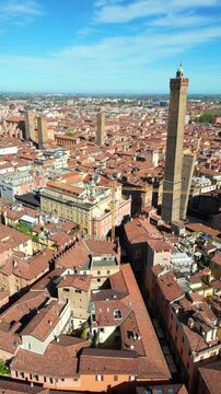 Panoramic view historic center of Bologna, Italy iconic medieval towers aerial drone