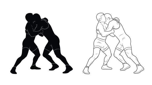 Two wrestlers grappling in a close combat stance depicted in contrasting styles