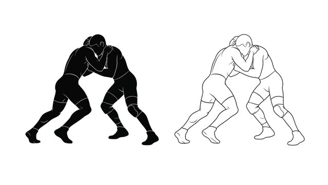 Two wrestlers in a grappling hold depicted in contrasting black and white styles