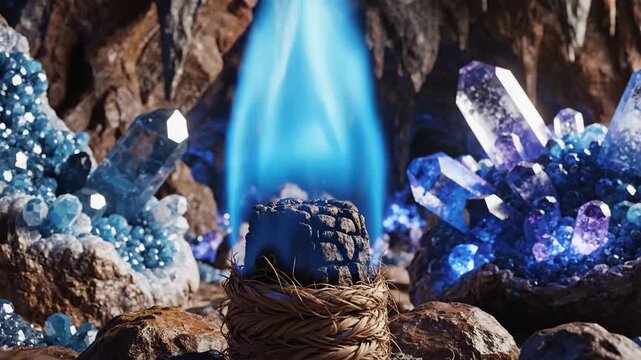 Cerulean Flame Emanates From Rough Hewn Wick Illuminating Crystal Cave Environment