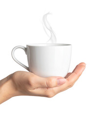 Woman's manicured hand holding a small white coffee cup or espresso mug Isolated on transparent or white, Cut out