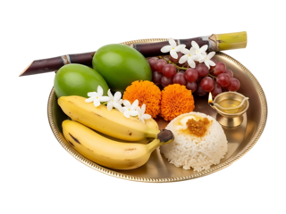 Traditional Indian Festival Offering Plate with Fruits, Sweets, and Flowers