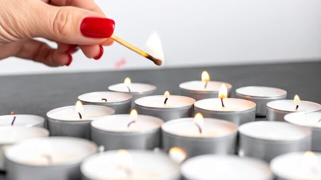 A hand with red nails lights a candle with a lit match amongst lit candles
