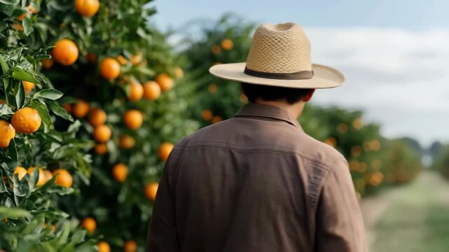 Farmer walking through rows of orange trees