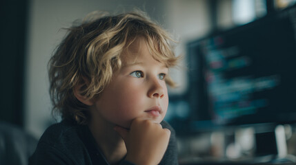 emerging intelligence in quiet observation, abstract childhood thought and digital curiosity, future cognition in a silent moment