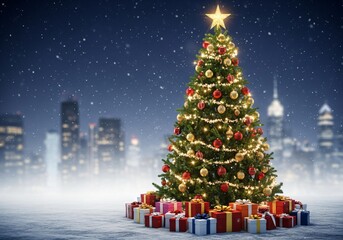 Obraz premium Festive Christmas tree with gifts in city snowfall
