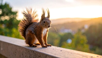 Squirrel on a Ledge at Sunset - A Moment of Wildlife.
