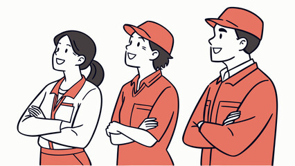 Fototapeta premium Three people wearing orange uniforms and caps standing together.