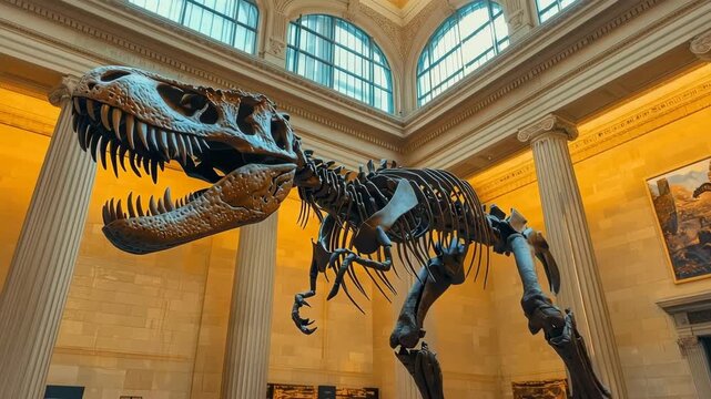 Tyrannosaurus rex skeleton displayed in grand museum hall