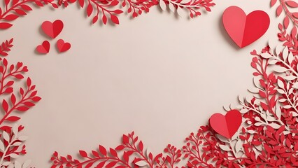 Valentines day decoration with red hearts and leaves on pink background for love and romance