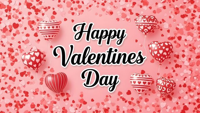 Happy valentines day greeting card with hearts and confetti on pink background for love - Powered by Adobe