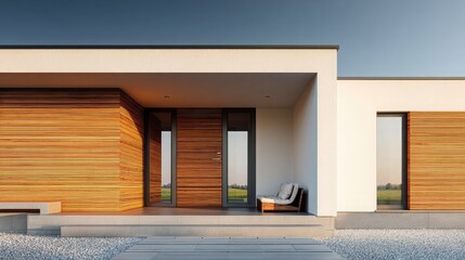 Modern Residential House with Wooden Facade and Minimalist Design in Evening Light