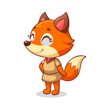 A Cute cartoon fox woman standing smile on white background. Side view. Ready for moral fox animation story. Part by part ready for animate cc.
