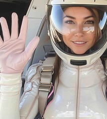Woman in a space suit waving inside a spacecraft during an astronaut training session at a training facility