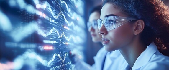 Scientists analyzing data on advanced technology screens in a laboratory setting during a research project