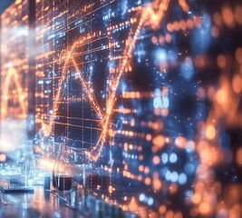 Stock market data visualization with graphs and scientific equipment in a modern office setting in evening light