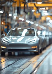 Factory setting shows several electric vehicles on assembly line during production with bright lights and modern equipment
