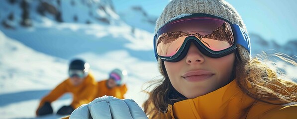 Young woman enjoys skiing in snowy mountains with friends during winter vacation