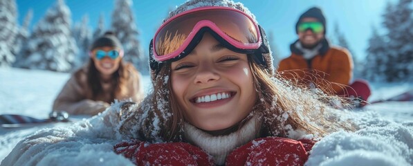 Group enjoys winter activities in snowy mountain landscape with bright sun during a day of skiing and snow play
