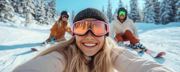 Friends smiling while skiing in a snowy mountain landscape during a bright sunny day