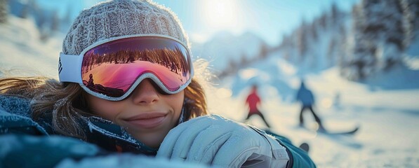 Smiling young woman wearing ski gear enjoying a sunny winter day on a snowy mountain with people skiing in the background
