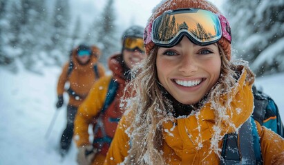 Smiling woman in winter coat poses for the camera while friends hike through snowy forest landscape