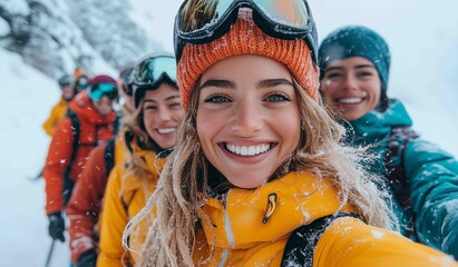 Group of friends enjoying a snow adventure and taking a selfie in the mountains during winter season