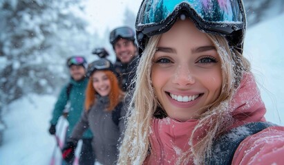 Group of friends enjoying a fun ski day in snowy mountains with winter clothing and snowboards