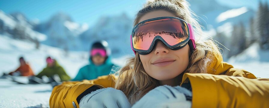 Smiling woman wearing ski goggles enjoys winter in the mountains while friends experience snow activities in the background
