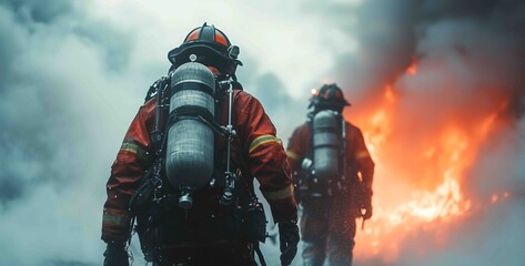 Firefighters battling a blaze in a smoky environment during a rescue operation in an urban setting at twilight