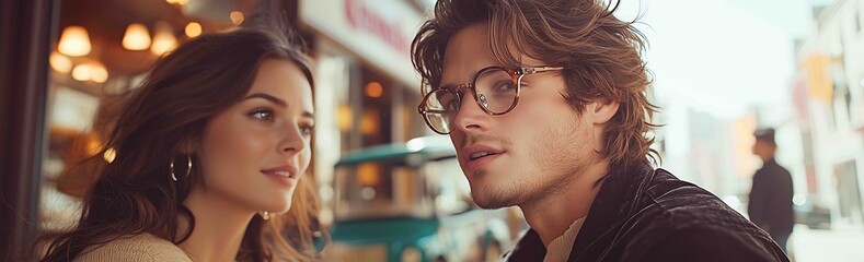 Couple enjoying coffee at outdoor cafe in city street during sunny day while talking and looking relaxed