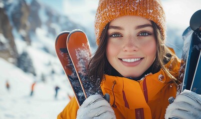 Smiling woman holding skis in winter resort with snow-covered mountains and skiers in background