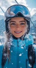 Smiling young woman wearing ski gear in snowy mountain landscape with blue sky and clouds, enjoying winter outdoor activity