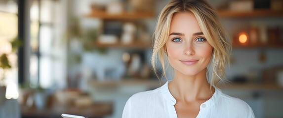 Young woman in a bright cafe holding a smartphone and smiling at the camera during the daytime in a modern, cozy setting