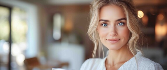 Young woman with bright eyes holding tablet in modern indoor setting during day