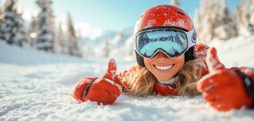 Smiling woman gives thumbs up while lying in snow on a sunny day in winter mountains