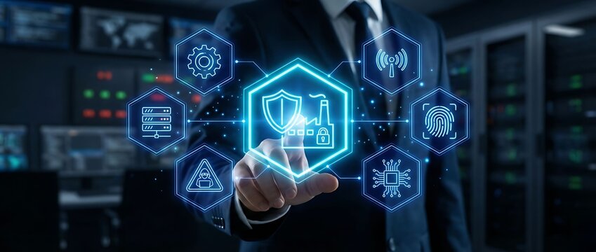 Businessman interacting with futuristic cybersecurity interface in modern server room - Powered by Adobe