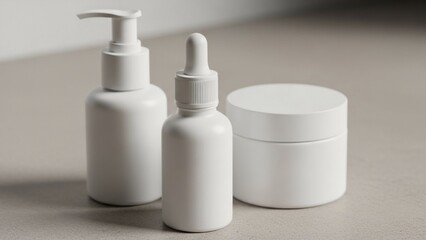 Minimalist White Cosmetic Bottles and Jar Set for Skincare and Beauty Product Branding on a Neutral Background