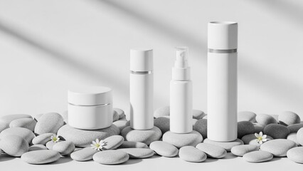 Modern white cosmetic product display featuring minimalist skincare containers arranged on natural grey stones with subtle floral accents, promoting clean beauty