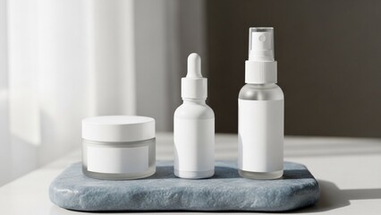 Blank white cosmetic product packaging set on a stone display, ideal for branding mockups of skincare and beauty solutions in a minimalist, sunlit studio setting