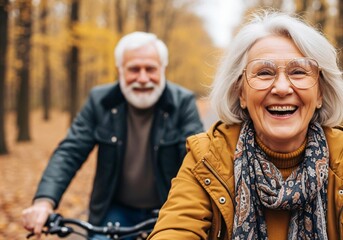 Happy senior couple enjoying bike ride together in autumn