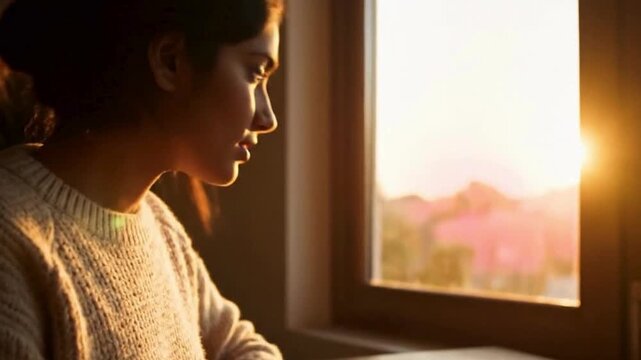 Woman wearing a cozy knitted sweater diligently writing thoughts or notes in a journal while enjoying the warm glow of a bright sunset indoors near a window.