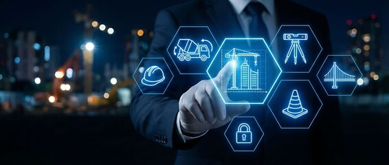 Businessman interacting with futuristic construction icons on cityscape background