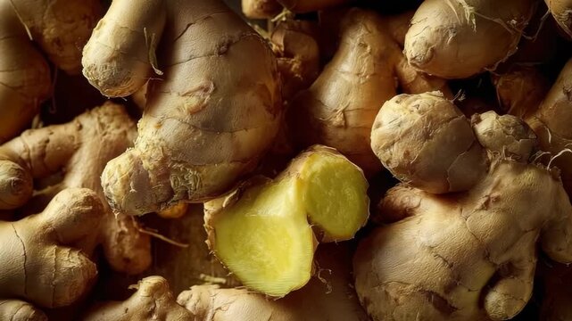 Fresh raw ginger roots with sliced section