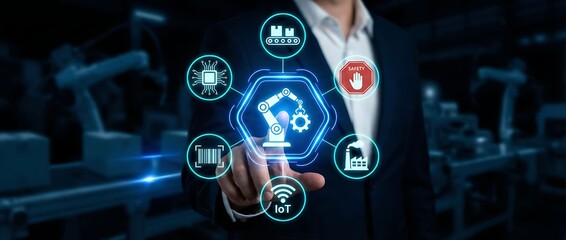 Businessman interacting with futuristic industrial automation interface