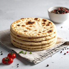 Stack of Freshly Baked Naan Bread on Linen Cloth with Tomatoes.