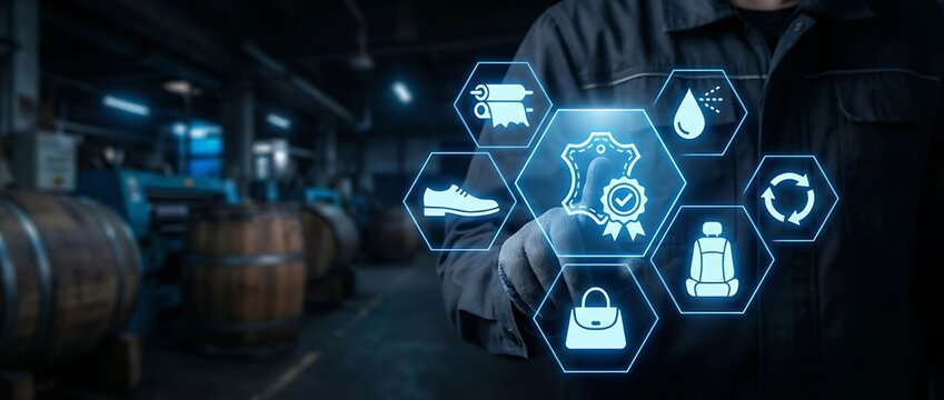 Worker interacting with futuristic technology icons in industrial setting - Powered by Adobe