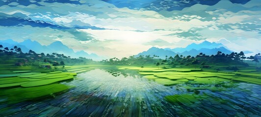 realistic photo of a glossy Rice fields ,generative AI