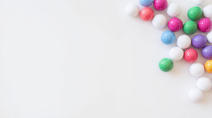 Obraz premium Golf balls scattered on a white surface for golf themed designs, sports websites, fitness blogs, summer sports promotions, golf events.